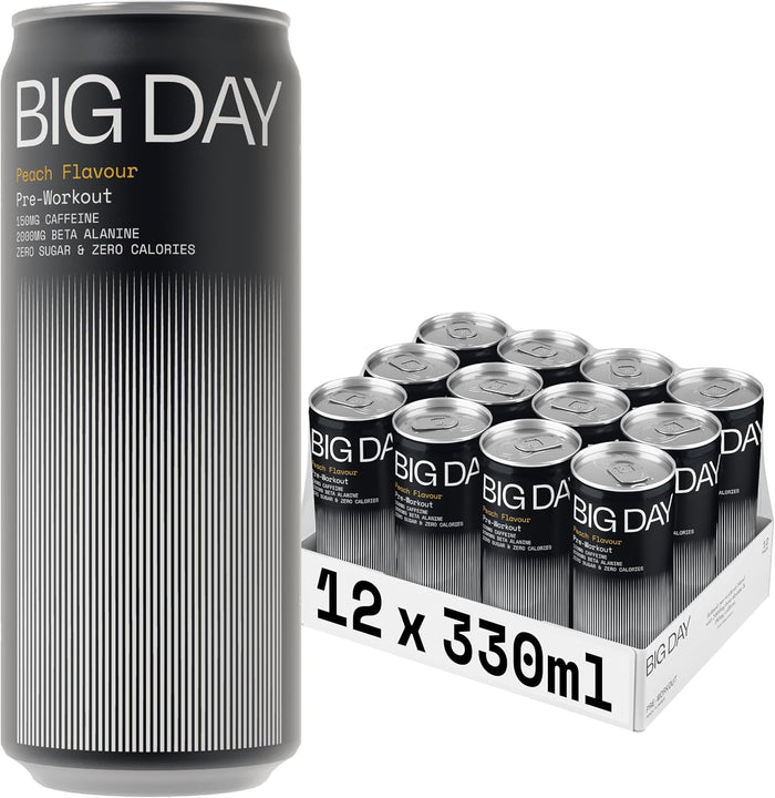 Big Day Peach Pre Workout Drink 12 x 330ml - Out of Date