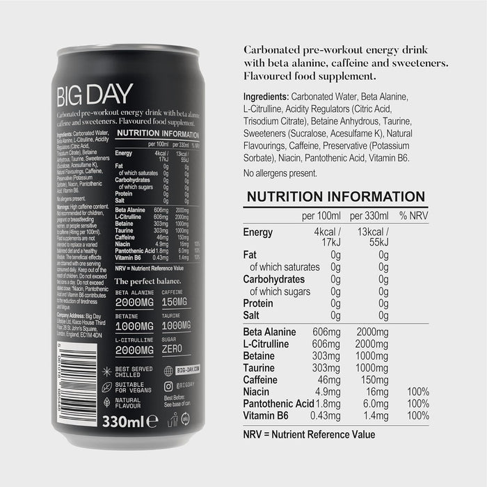 Big Day Peach Pre Workout Drink 12 x 330ml - Out of Date