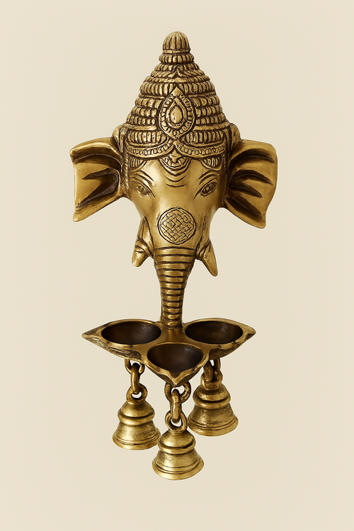 Brass Ganesha Wall Lamp with Bells – Antique Finish