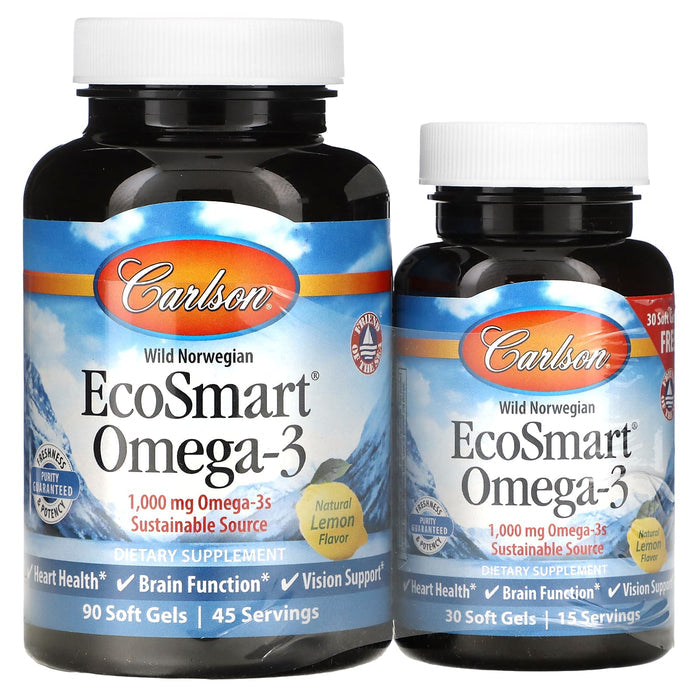 Carlson Labs EcoSmart Omega-3, 1000mg Natural Lemon 90 + 30 Softgels