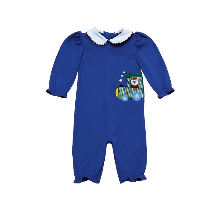 Introduce your little one to the magic of the holiday season with our Christmas Train Louisa Bubble from Zuccini Kids. Featuring a festive Christmas Train applique, a classic peter pan collar, and a cheerful vibrant blue color, this bubble is perfect for toddlers and brings joy to any occasion.&nbsp;