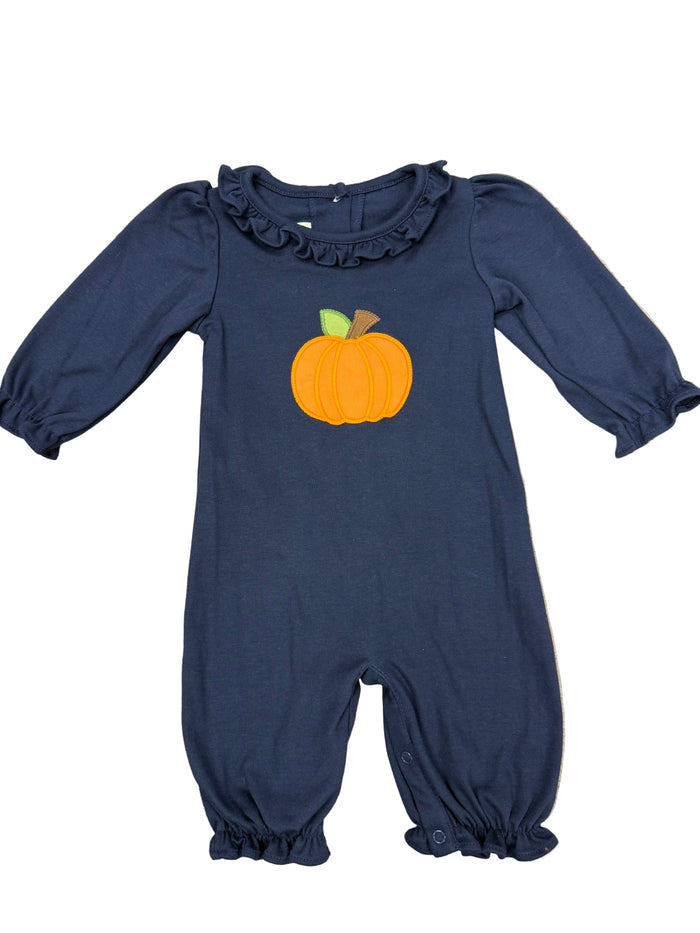 Dress your little one in cozy style with the Infant Girls Navy Sussette Pumpkin Bubble by Zuccini Kids. This navy knit bubble features an adorable pumpkin applique, ruffle collar and will be perfect for seasonal charm. Its gentle fabric keeps your baby comfortable all day, while coordinating matching sibling looks make family moments even sweeter.