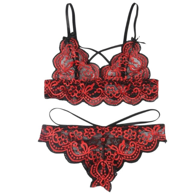 Lenjerie set 2 piese Subblime rosu si negru, model cu bustiera din dantela si chilot tanga, marime S/M