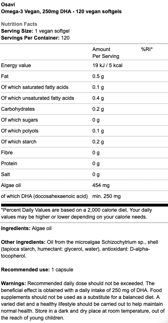 Osavi Omega-3 Vegan 250mg DHA Vegan Softgels