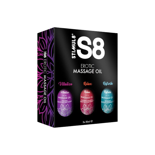 Set 3 uleiuri de masaj S8 Erotic Massage Oil, efect afrodiziac, cu ulei de Jojoba și de migdale, diverse arome, 3 x 50 ml