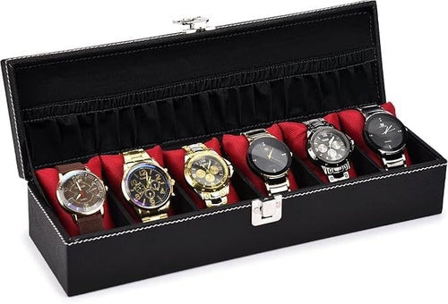 Watch organizer holder Case for 6 Watches (Black & Maroon)